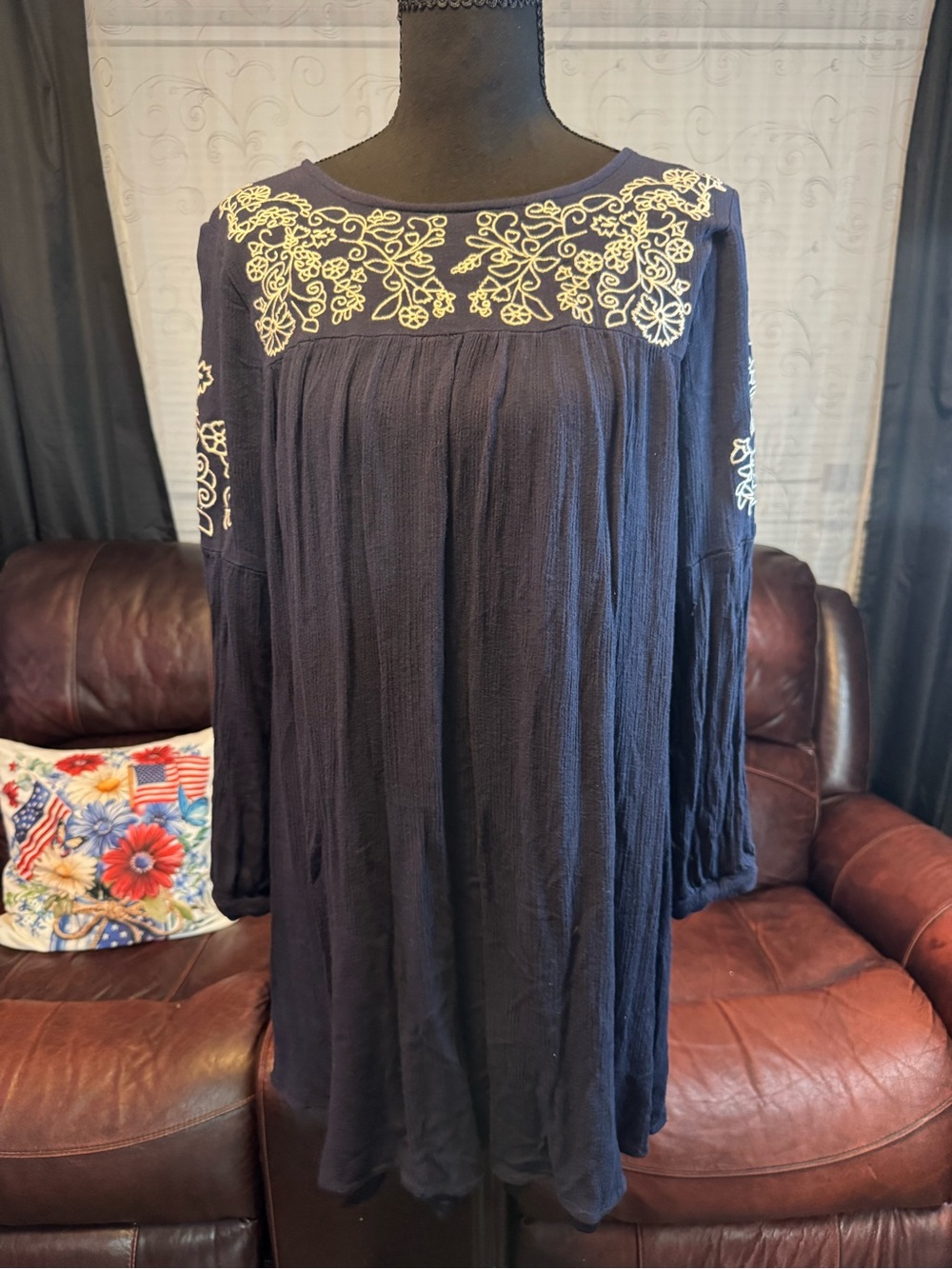 Love Navy Long-Sleeve Embroidered Peasant Dress